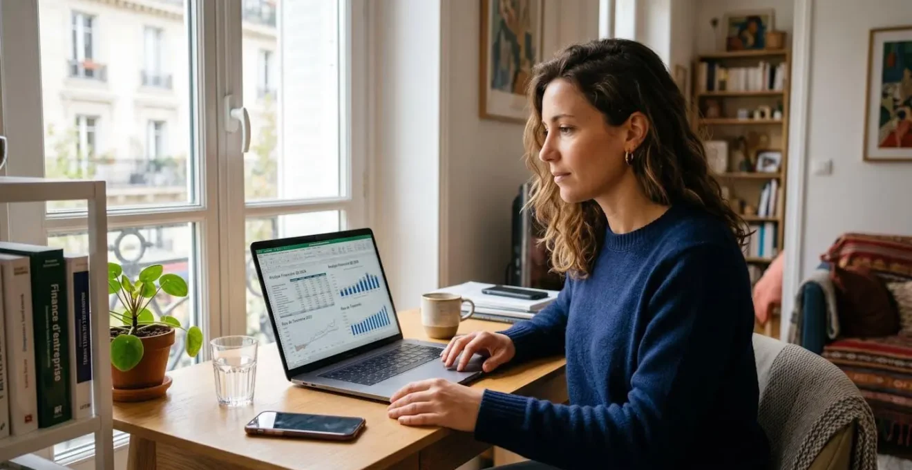 Jeune professionnel du numérique analysant ses documents fiscaux et son épargne retraite dans un appartement lumineux