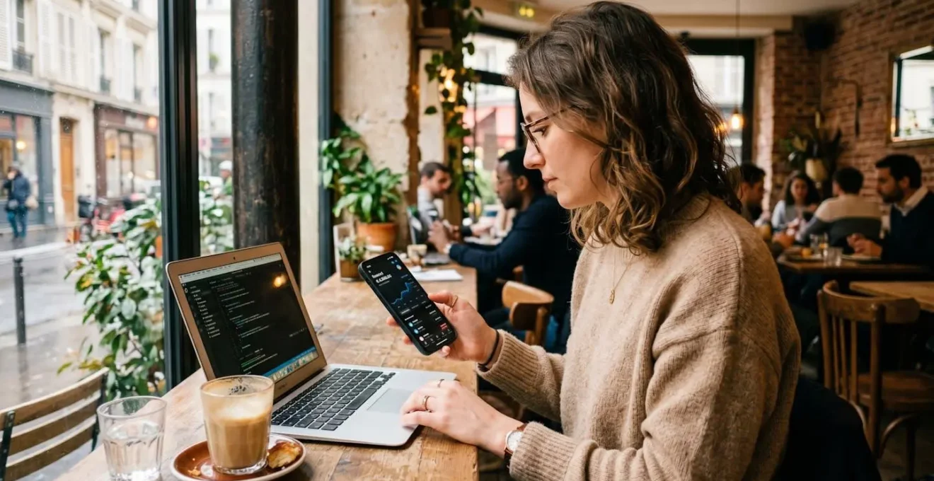 Freelance du secteur digital en télétravail dans un café, consultant une application de gestion financière sur son smartphone