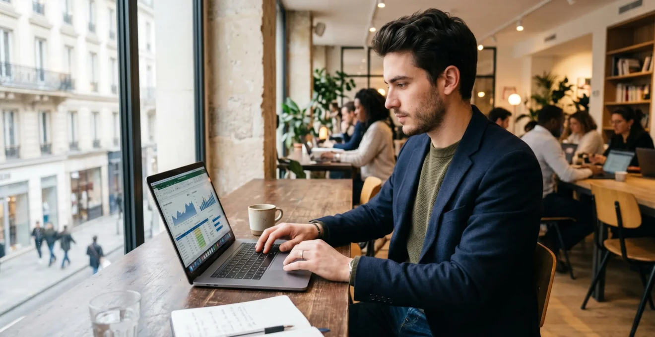Jeune professionnel du digital assis à son bureau travaillant sur son ordinateur portable avec des graphiques financiers visibles à l'écran