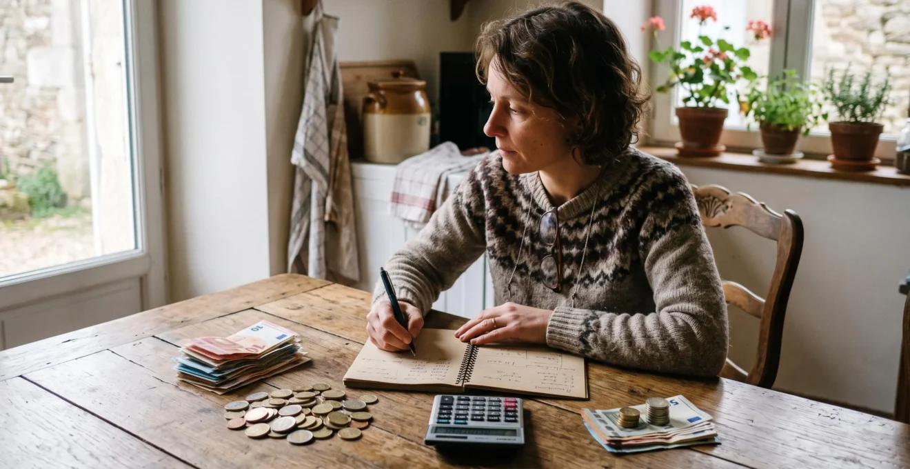 Une personne compare deux piles de pièces sur une table de cuisine et prend des notes.