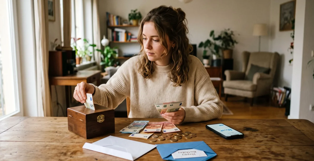 Une jeune femme répartit des billets d'anniversaire entre une enveloppe et une tirelire sur une table.
