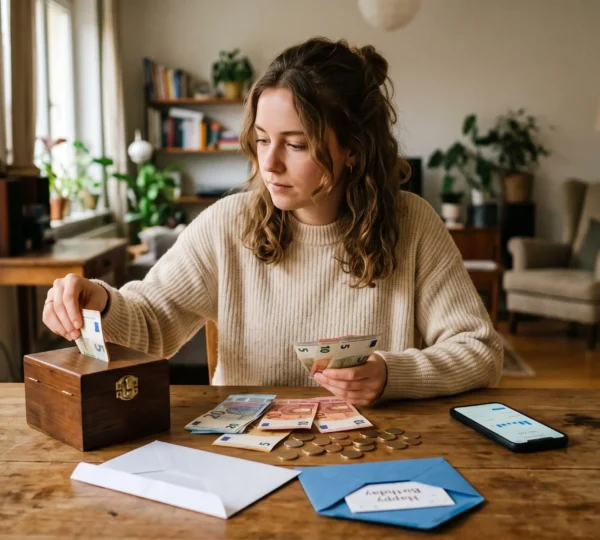 Une jeune femme répartit des billets d'anniversaire entre une enveloppe et une tirelire sur une table.