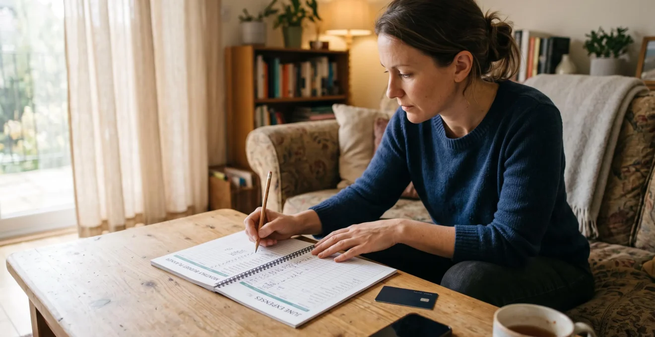 Une personne annote un budget imprimé sur la table de son salon avec un crayon.